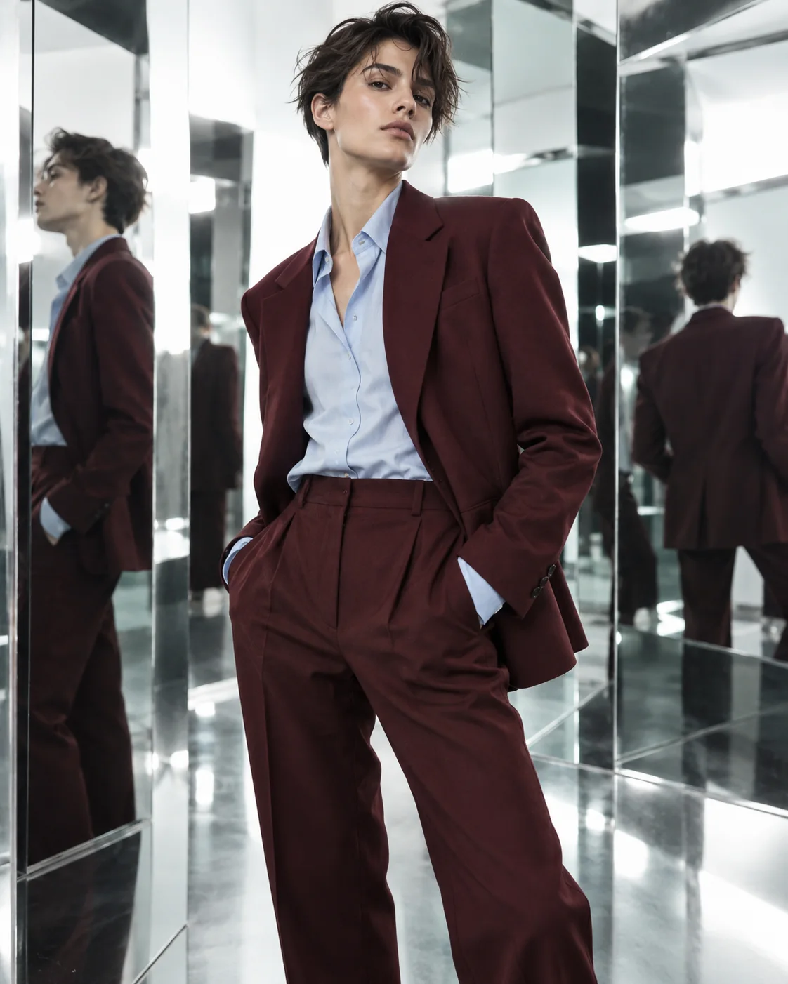 Model in a burgundy suit inside a mirrored studio