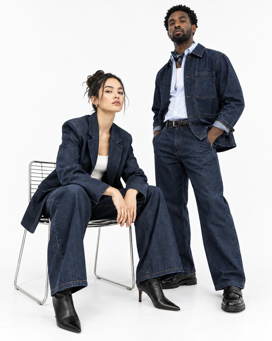 Two models in denim for a contemporary lookbook